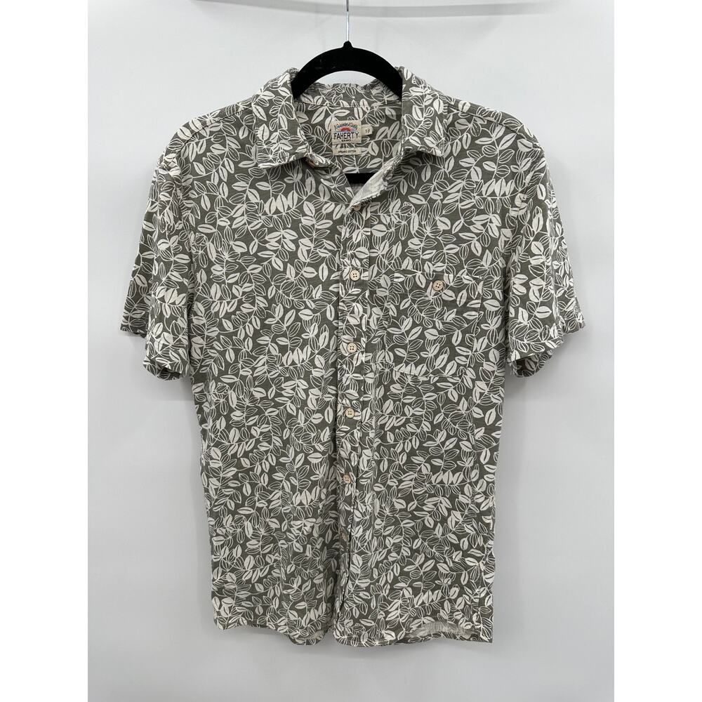Faherty Seasons Knit Short Sleeve Button Up Shirt  Sage Leaf Print Men's Small